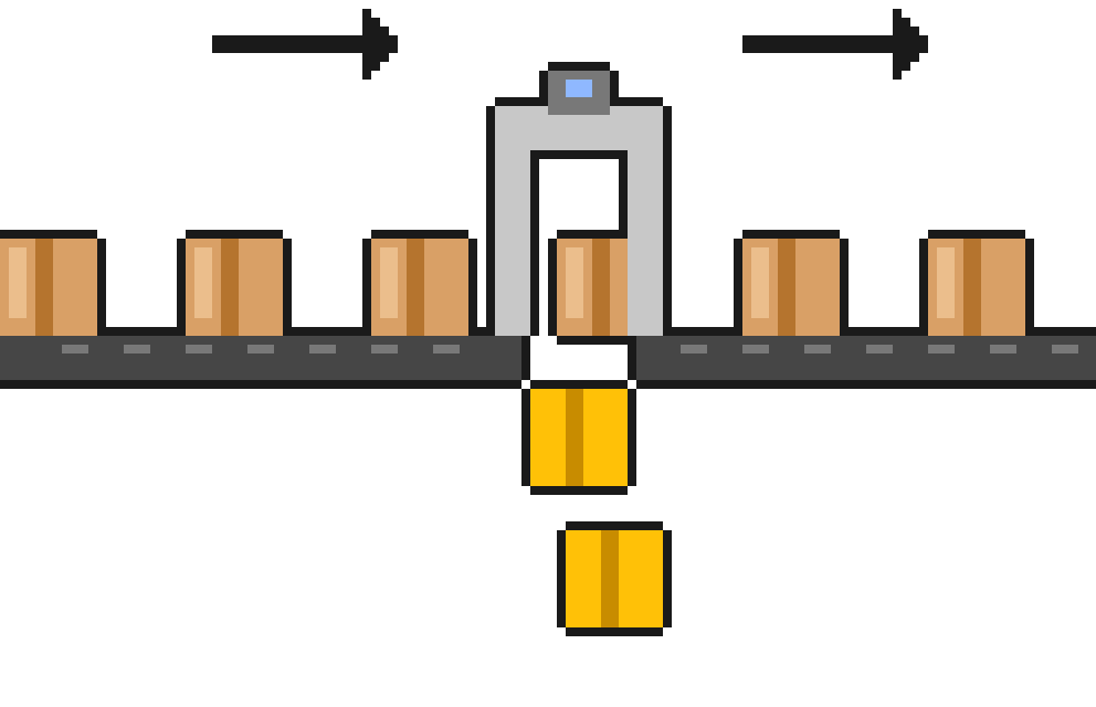 Boxes moving along a belt through a scanner gate, with two boxes dropping through a gap beneath it